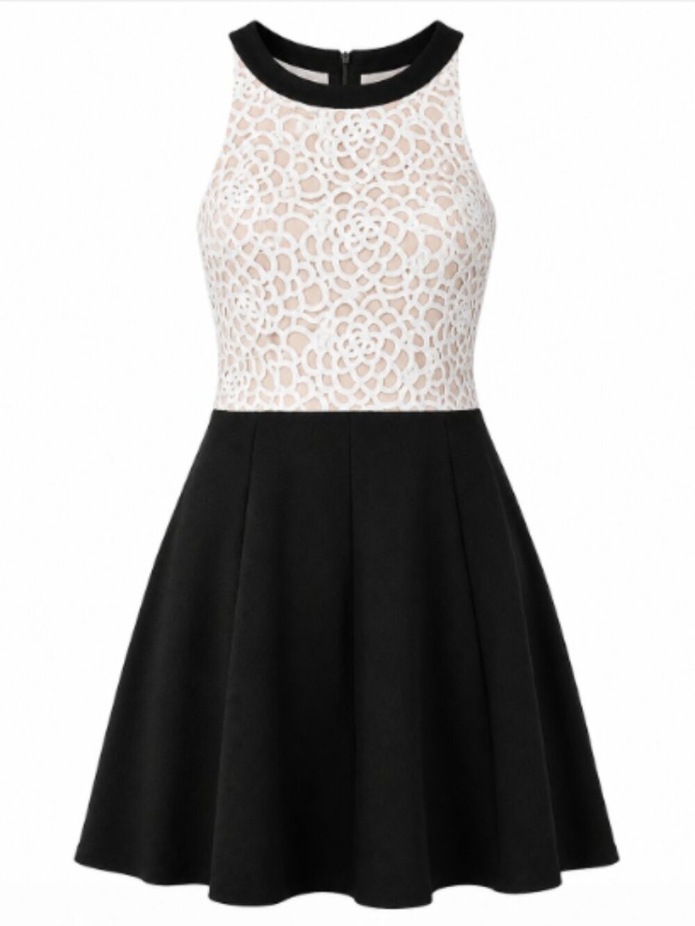 ABS by Allen Schwartz Black White Halter Lace Overlay Fit & Flare Cocktail Dress